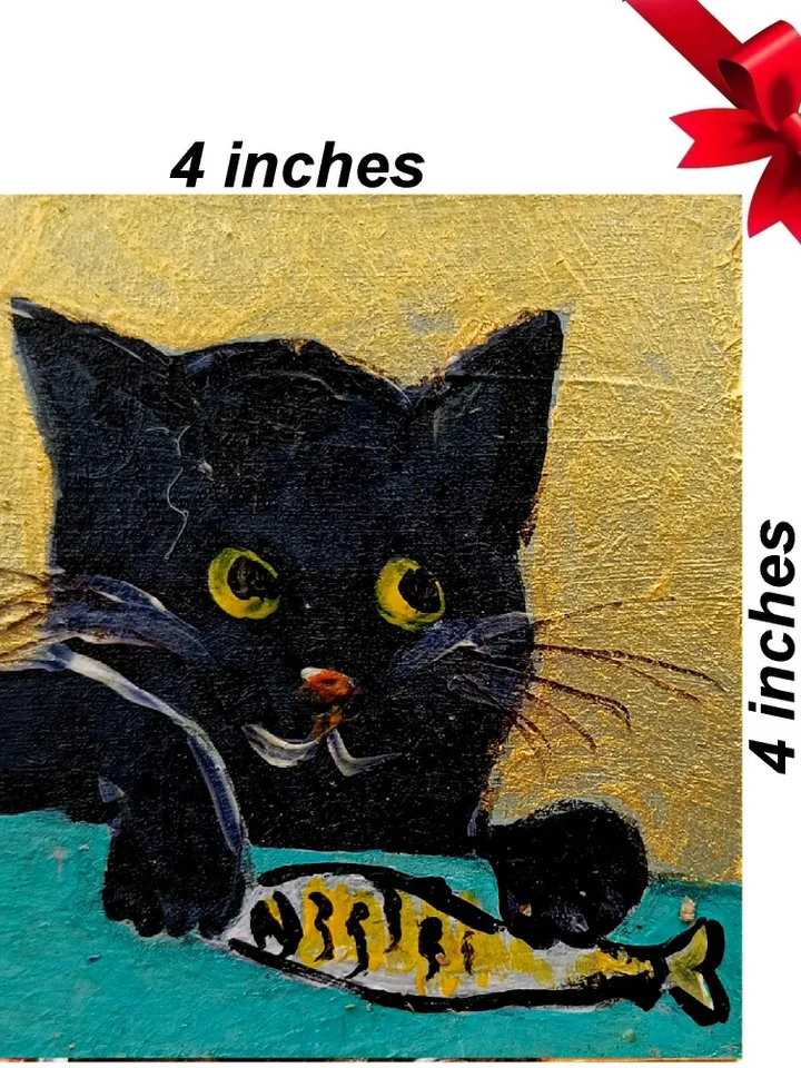 Mini painting a black cat and sardine painting framed 4x4 in Original Handmade painting Gift by ArtProkopaloSv