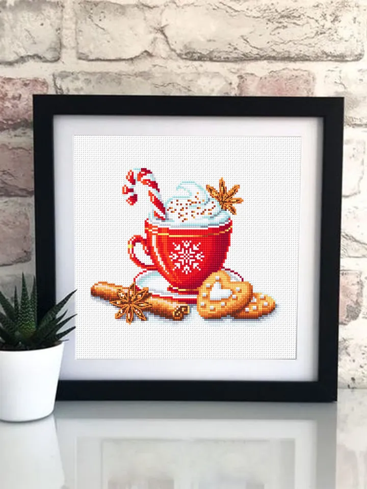 Christmas coffee cross stitch pattern download PDF, Christmas cross stitch chart, Winter holiday hand embroidery PDF, Coffee cup stitch #N58