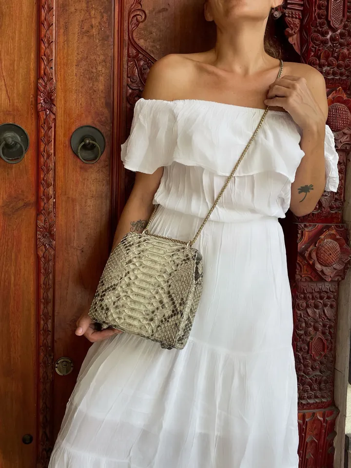 Genuine python skin classy crossbody bag / elegant classy snake print bag / designer gray purse / handbag with chain / classy shoulder bag