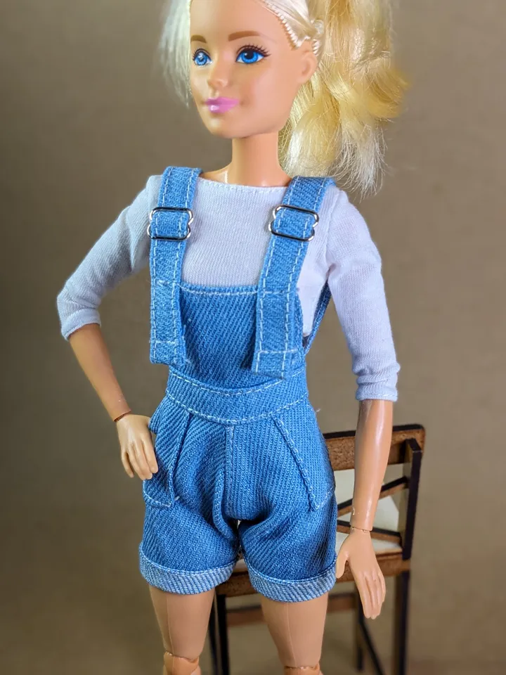 Light blue denim jumpsuit shorts for 1/6 scale fashion female dolls