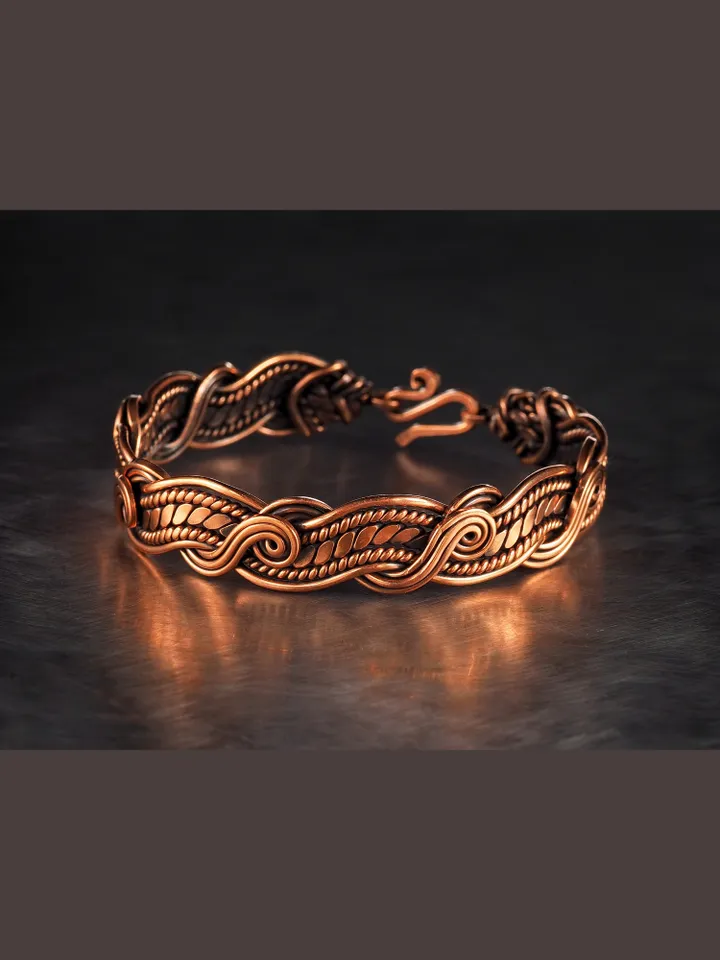 Wire wrapped bracelet, Unique 7th 22nd Wedding Anniversary gift idea, Art Nouveau antique style, One of kind braided statement bangle, Handmade oxidized pure copper woven wire elven jewelry, Pain relief, EMF protection, Hippiу accessory, Unique antique st