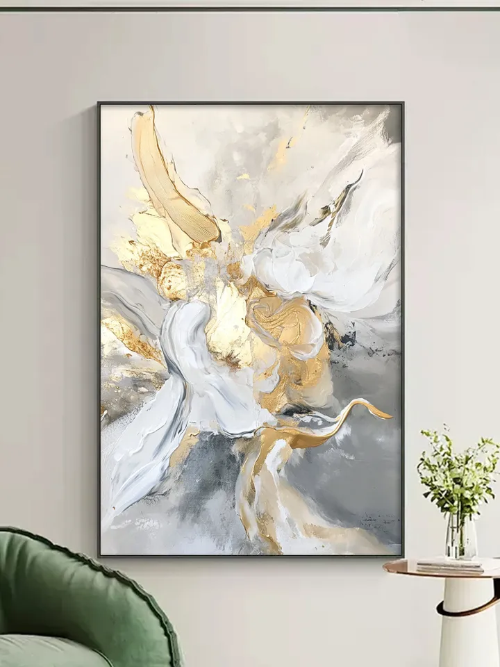 Hand-Painted Abstract Oil Painting | Modern Wall Art with Gold and Gray Accents | Elegant White and Silver Home Decor for Living Room