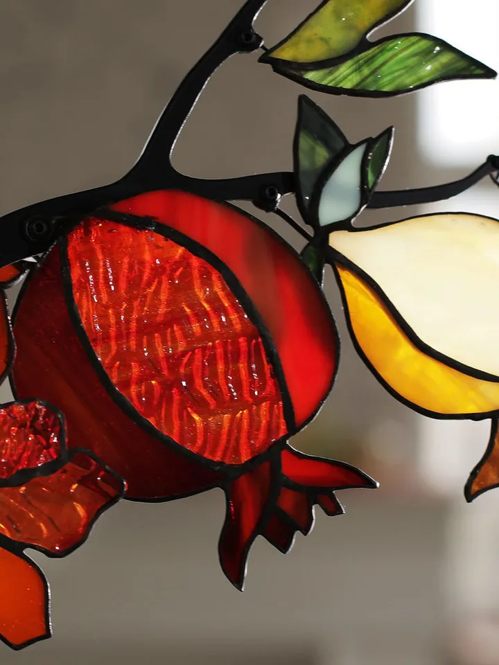 Pomegranates. Stained Glass Composition in Tiffany Technique, Tiffany Technique Stained Glass Composition, Tiffany-Style Stained Glass Artwork, Stained Glass Creation in Tiffany Style, Tiffany Technique Stained Glass Design, Stained Glass Art