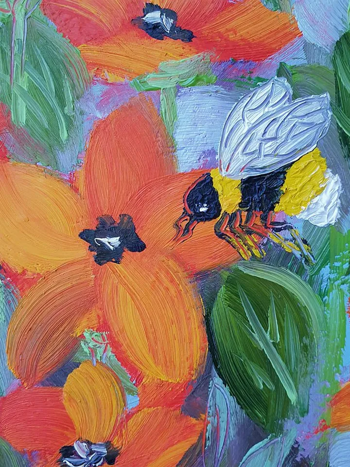 Bee Painting Poppy Original Art Floral Wall Art Flower Oil Painting