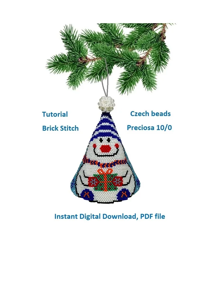 Tutorial 3D Cone "Snowman with a Gift", Brick Stitch, Czech beads Preciosa 10/0, Home decor, Christmas tree toy, Instant Download, PDF file