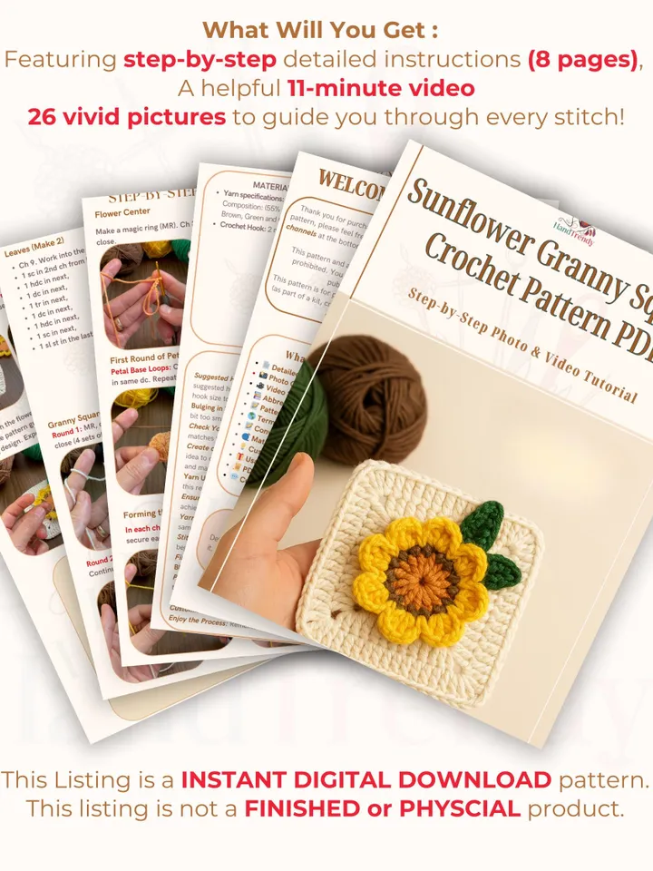 Sunflower Granny Square Crochet Pattern PDF, 3D Floral Afghan Block, DIY Blanket Motif, Handmade Crochet Square, Instant Download Pattern