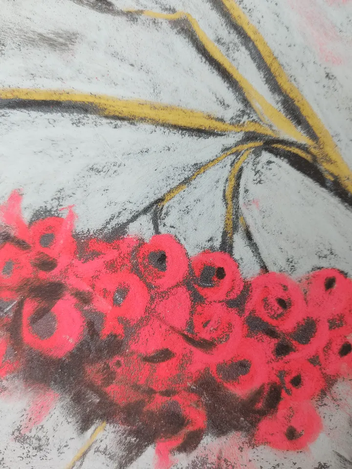 Bullfinch and Mountain Ash. Original soft pastel drawing.