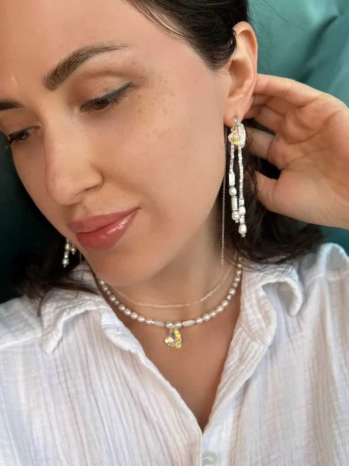Natural Pearl Swarovski pendant Jewelry Set Necklace Earrings DIAMOND LOVE