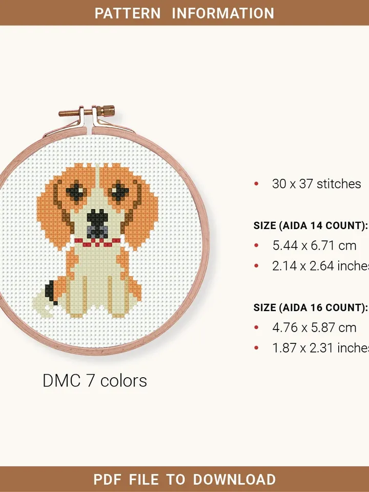 Mini Beagle breed Cross stitch pattern, tiny dog, contemporary pet, animal, beginner counted, modern chart, DIY, embroidery, instant PDF