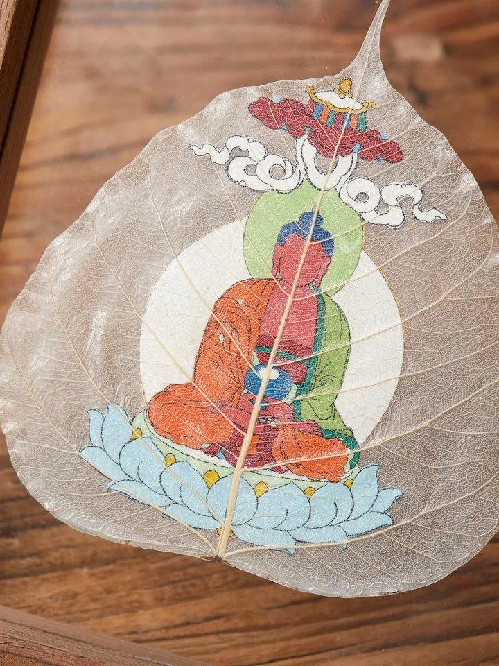 Gandhanra Handpainted Bodhi Leaf Thangka,Packed in Wooden Picture Frame,Painted with Natural Mineral Pigments,Green Tara Thangka