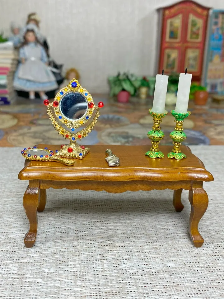 Accessories for a dollhouse in scale 1:12. Table mirror. Candles in candlesticks. Dollhouse miniature.