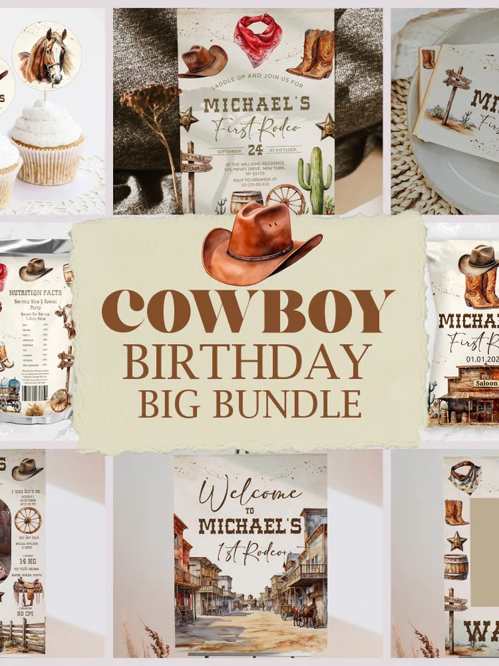 DIY First Rodeo Birthday Bundle; Editable Our little Cowboy Birthday Party Template; Wild West Birthday Party; Rodeo Birthday Party; fr12