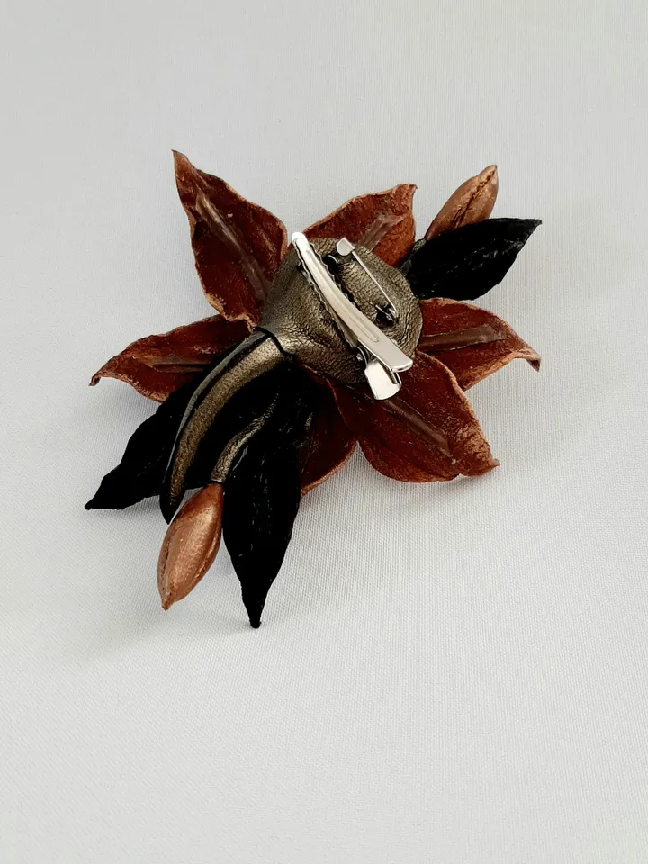 Leather brooch brown lily for her , 3rd anniversary gift for wife, Leather women's jewelry