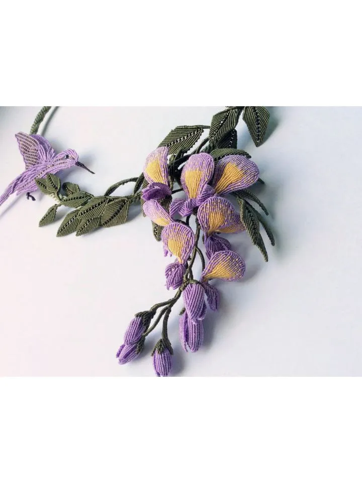 Hummingbird and Wisteria Macrame Necklace — Artful Elegance
