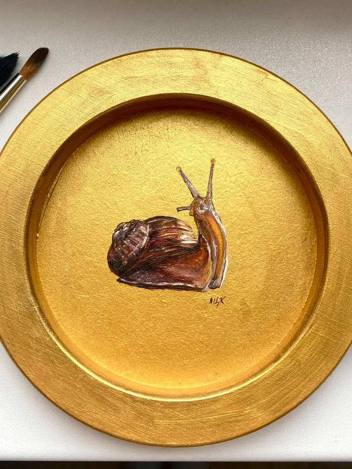 Framed Snail Oil Painting Original Round Art Gold Frame Painting Academia