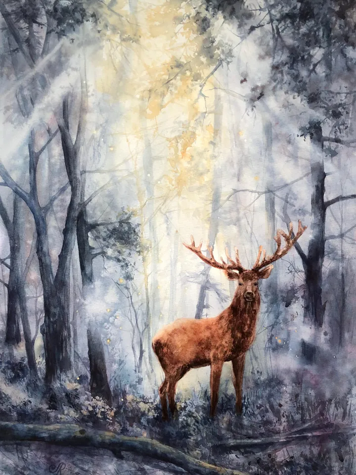 Forest Original Painting Sunset Watercolor Landscape Deer Wall Art