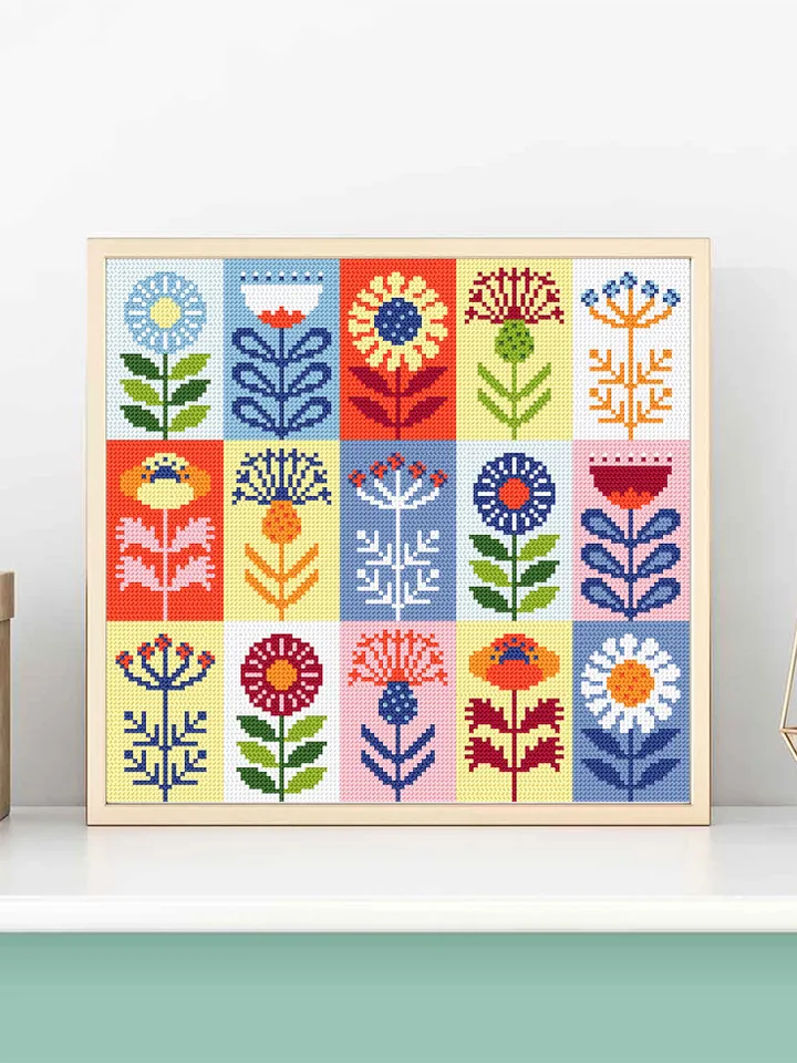Folk flowers cross stitch pattern PDF download Scandinavian flower sampler, Patchwork cross stitch chart, Floral pattern digital PDF #P44