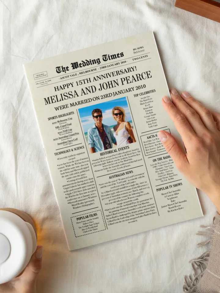 15th anniversary gift for husband, 2010 Australian Newspaper personalise poster, 15th wedding anniversary decorations, gifts for couples