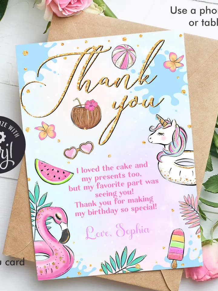 Pool Party Thank you Card , Pool Party Unicorn Thank you Card Instant Download, Swimming Note Card, Editable Template