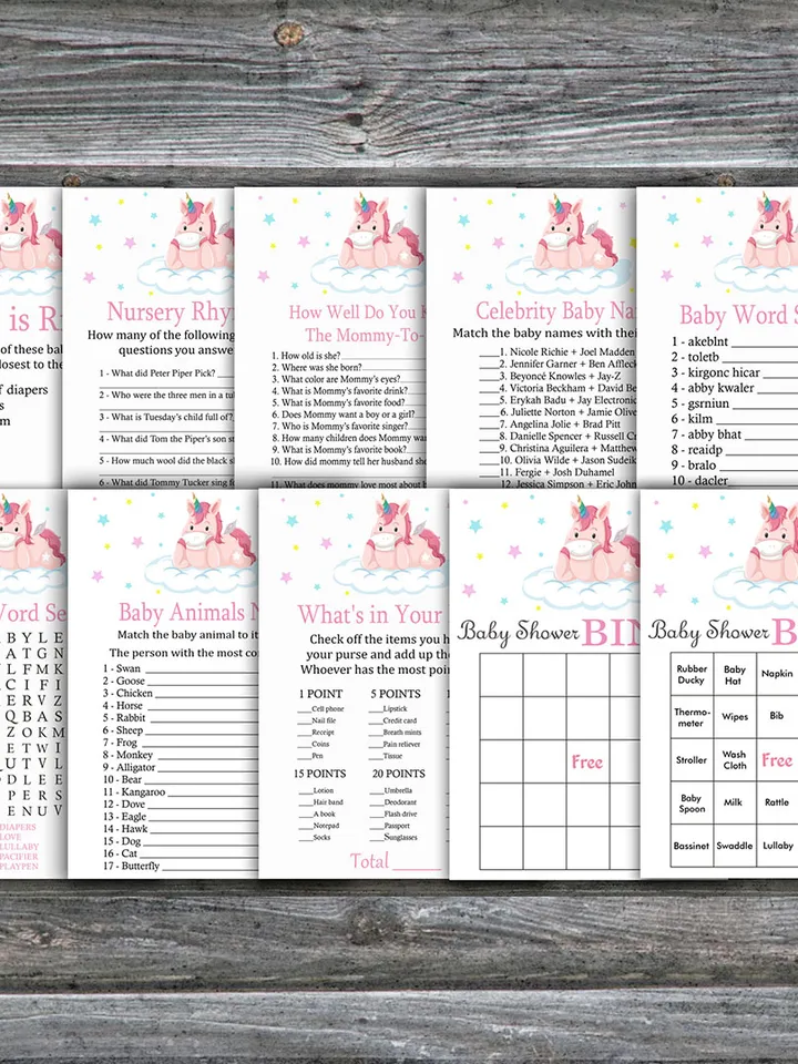 Cute Unicorn baby shower games bundle,Rainbow Unicorn Baby Shower games package,Fun Baby Shower Games,9 Printable Games-