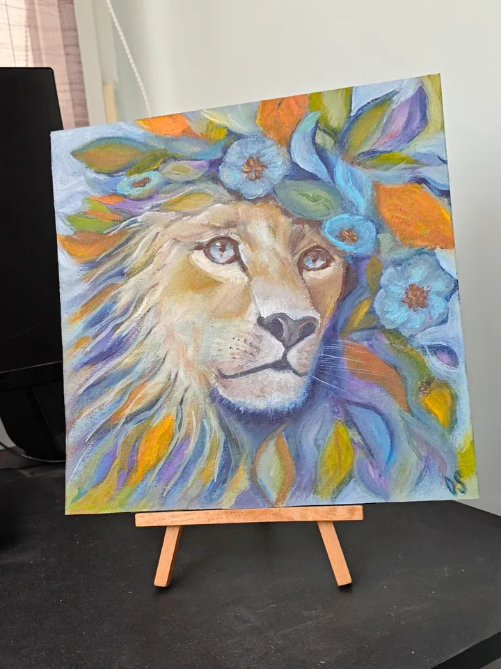 Lion Original Painting Animal Art Modern Artwork Bright Floral Multicolored Lion Wall Painting Lion Head Abstract Painting Room Decor 10x10 inches By OlgaSokolovaArt