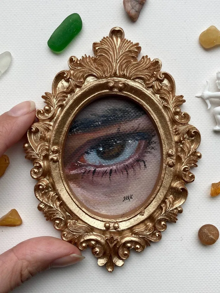 Original Framed Lover's Eye Antique Painting Illustration Vintage Style Small