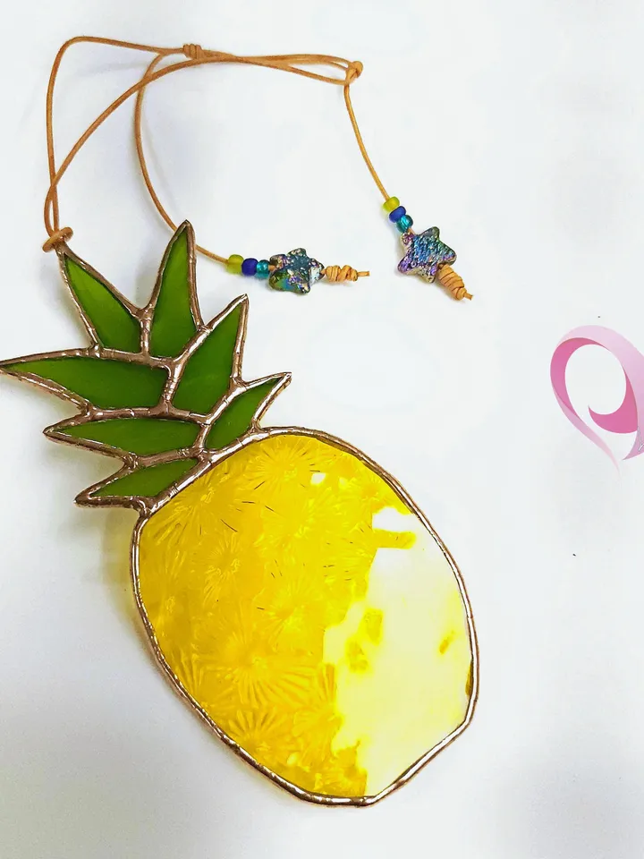 Pineapple Stained Glass Car Charm Suncatcher Rear View Mirror Accessory Fun Golf Cart Gift for Swingers