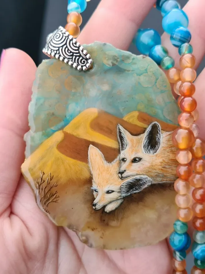 Desert fox fenech necklace with big ears Hand painted jewelry miniature painting