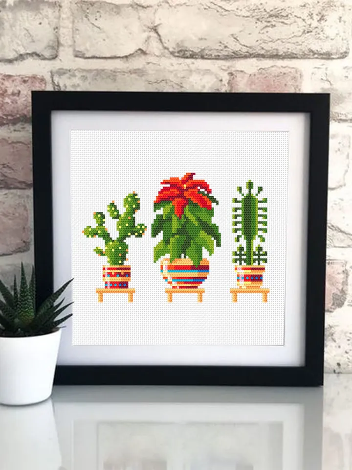 Small home plants cross stitch pattern PDF Floral cross stitch chart, Cactus cross stitch Instant download PDF, Potted plant embroidery #P10