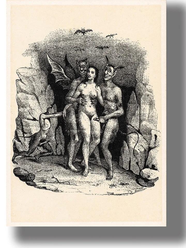 Sinner and demons in hell. Erotic scene.