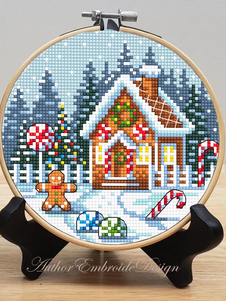 Gingerbread house cross stitch pattern PDF download Snow winter landscape cross stitch chart Christmas gingerbread pattern digital PDF #N185