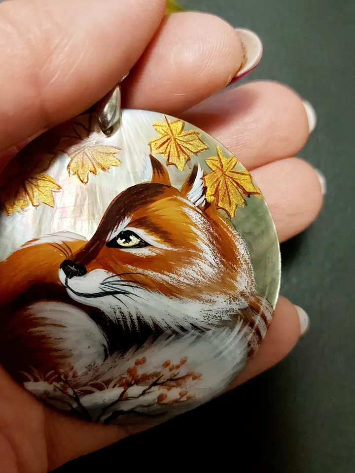 Beautiful Pendant Mother-of-pearl"Fox". miniature Hand-painte. Russian jewelry. Art gift.Wildlife gift. Fox lover gift. Forest jewelry.