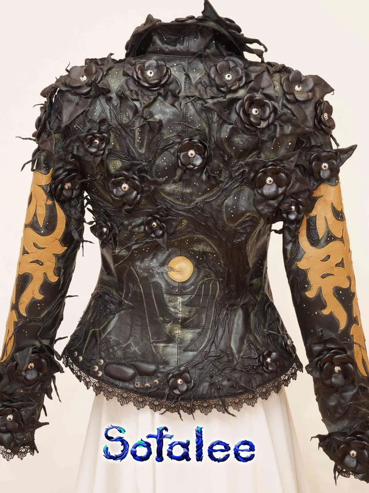 The luxury 3D floral women's Jacket of black genuine leather with beige application,Handmade aristocratic style clothing