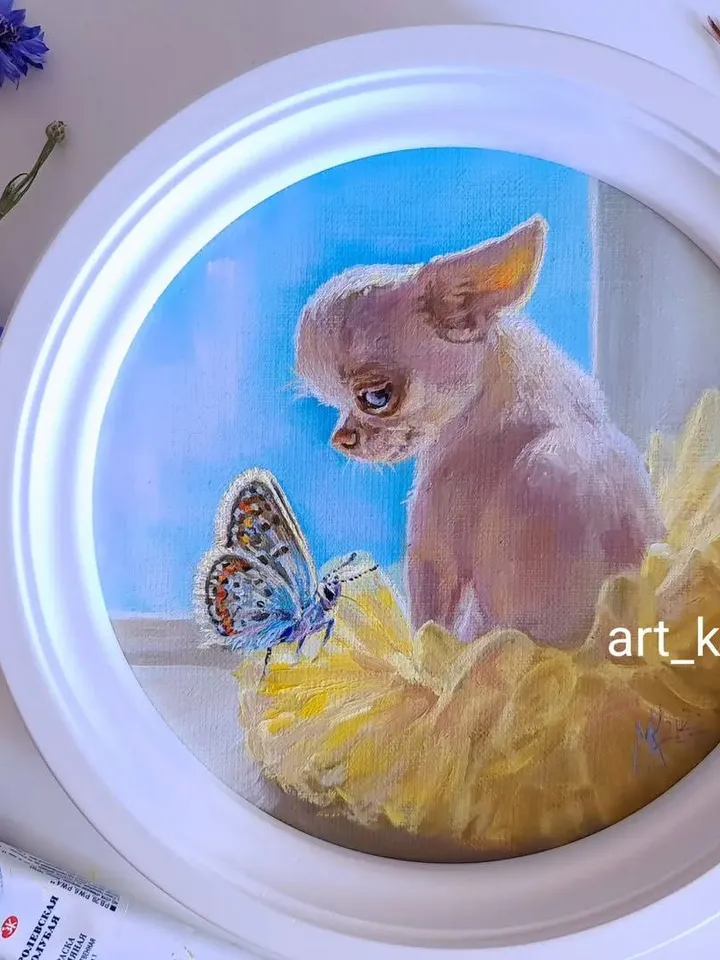 Original painting "Sunny"🎨🖌️,
oil on canvas on a stretcher, diameter 20 cm, the painting is framed in a baguette