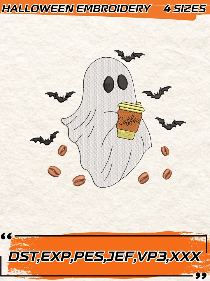Cute Ghost Drinking Coffee Embroidery Design, Halloween Embroidery File,4 Sizes, Digital Download