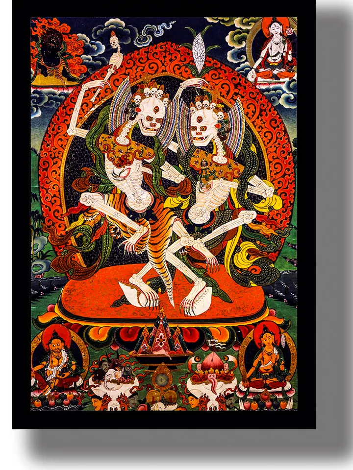 Asian deity Citipati. Dancing skeletons. Tibetan Lords of Cemeteries.