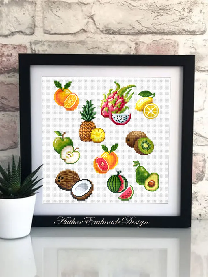 Mini fruit cross stitch pattern PDF download Set of 10 fruits cross stitch chart, Small fruit pattern digital PDF, Kitchen decor #F18