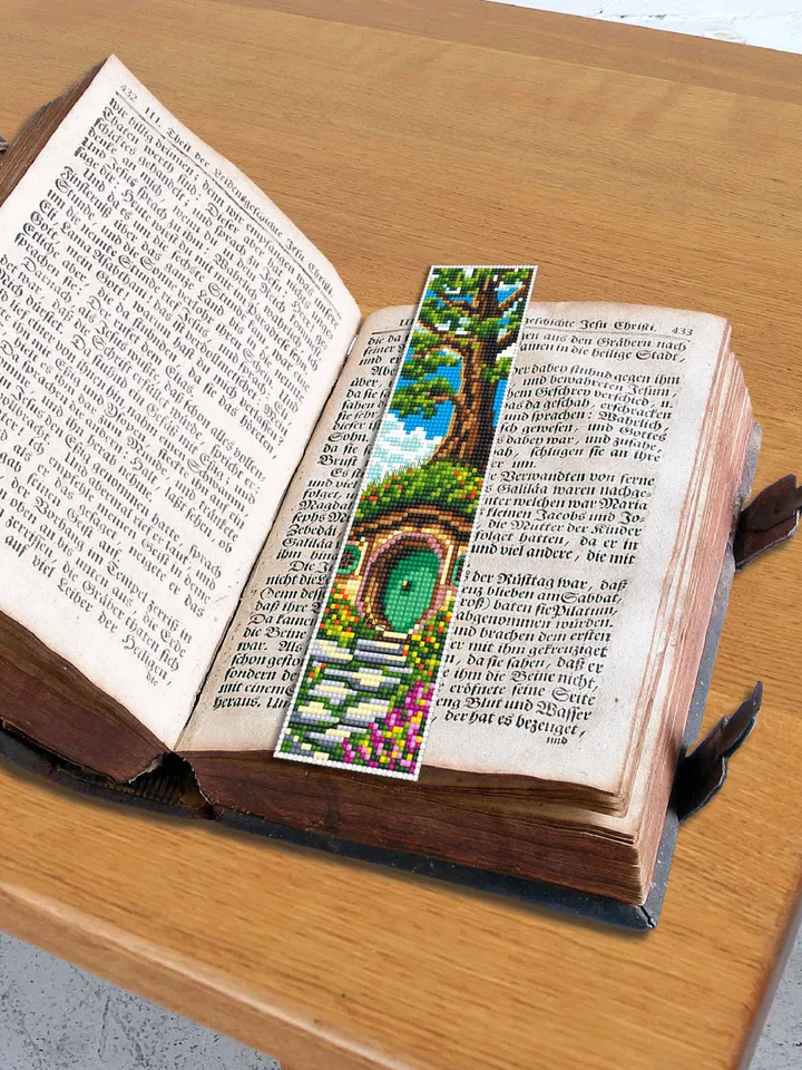 Bookmark Fairy hobbit house cross stitch pattern digital PDF Handmade bookmark embroidery beginners Fairy movie cross stitch chart Green door #B37