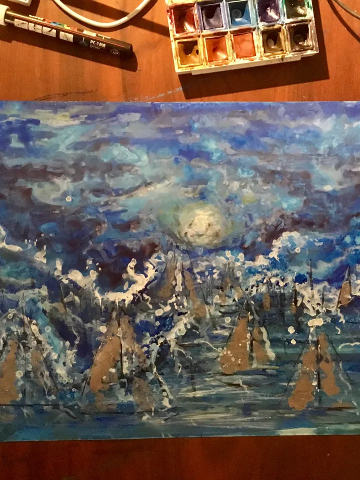 Moonlight boats,original mix media painting on yupo paper,fantasy artwork,gift,home decoration modern art