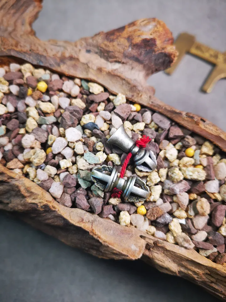 Gandhanra Handmade Tibetan Amulet Pendant,Mini Vajra and Dorje Bell, Mala Marker Bead Accessories, Made of White Copper