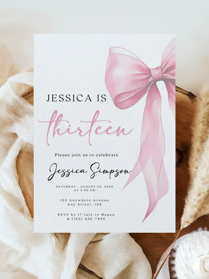 Tween Pink Bow 13th Birthday, Coquette 13th Birthday Invitation, Canva Pink Template, Editable Digital Invite, Trendy Girl Birthday Party