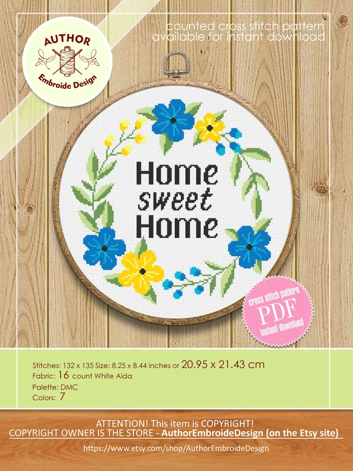 Home sweet home cross stitch pattern download PDF, Framed quote cross stitch chart, Floral wreath embroidery PDF, Easy beginner stitch #Q42