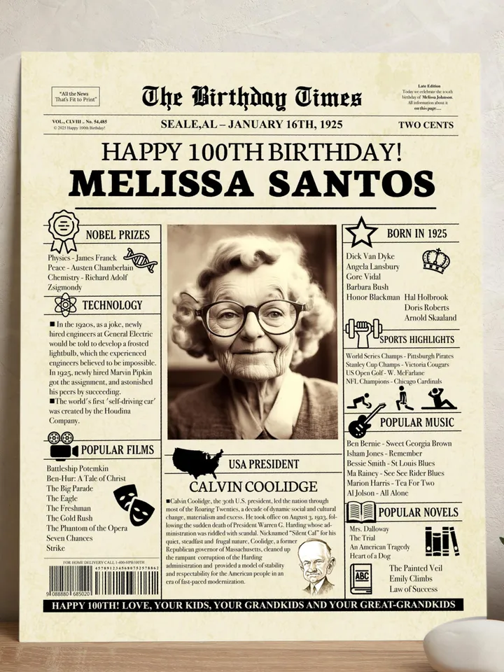 100th Birthday Newspaper Poster, Personalized 100th Birthday Poster, 1925 Birthday Sign, Back in 1925 Poster, 100th Birthday Decorations