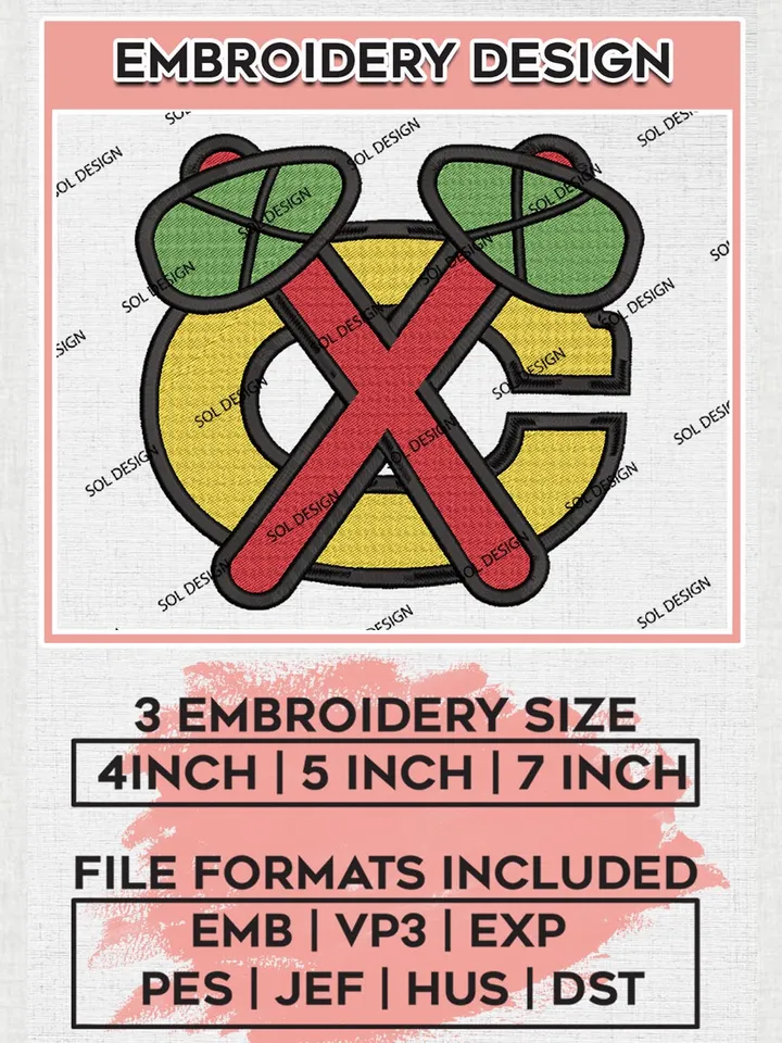 NHL Chicago Blackhawks Logo Embroidery Files, Chicago Blackhawks Machine Embroidery Designs, NHL Teams, 3 sizes, NHL Machine embroidery designs, Digital Download