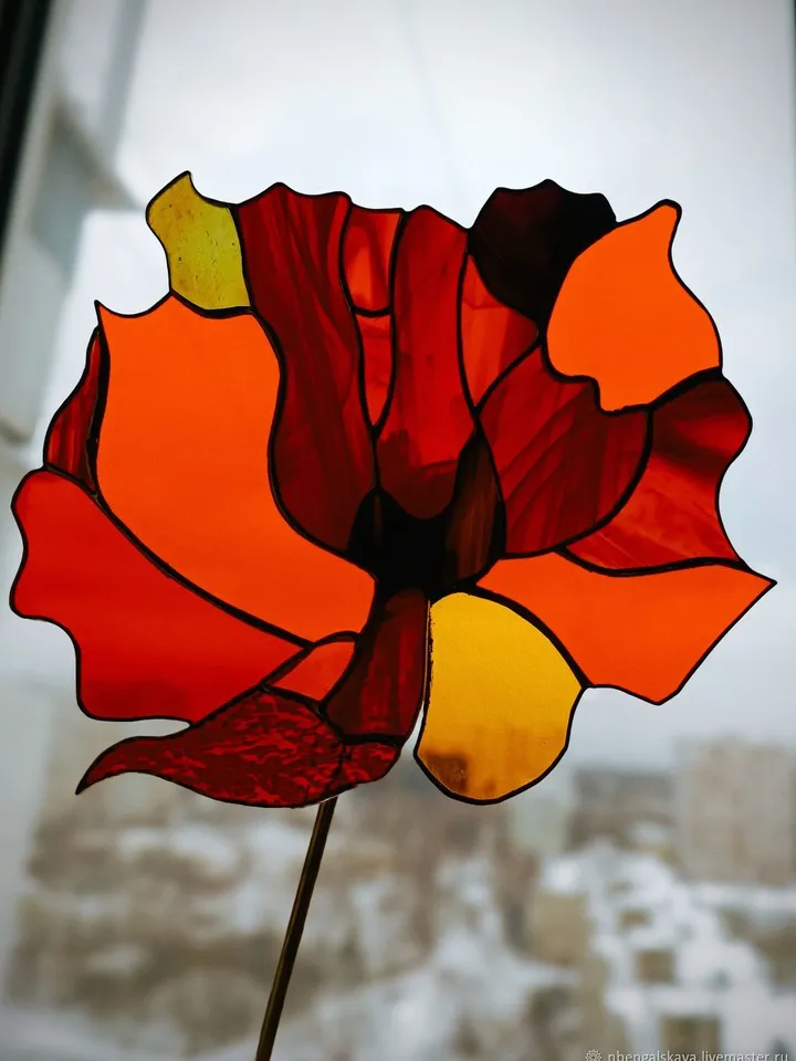 Poppy with Bud, Seed Pod, and Leaf on a Stand, Stained Glass Poppy, Tiffany Style Wildflower, Decorative Glass Poppy, Poppy Flower with Bud and Leaf, Handmade Glass Bloom, Poppy on a Stand