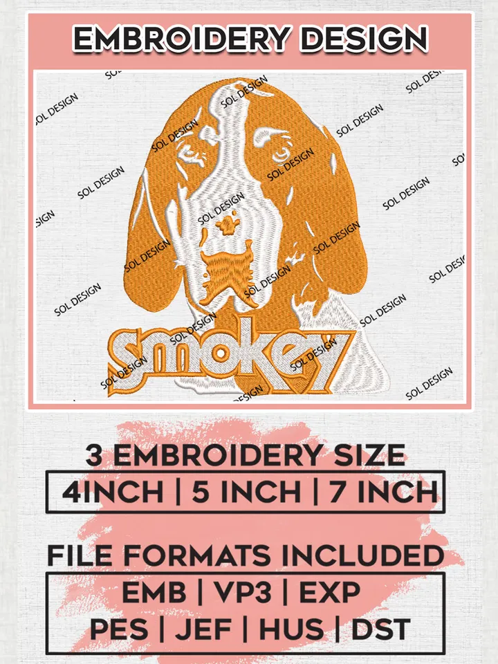 NCAA Tennessee Smokey Team Head Mascot Logo Embroidery Design Files, NCAA Tennessee Volunteers Machine Embroidery, NCAA Teams, Game Day, 3 sizes, NCAA Machine embroidery designs, Digital Download