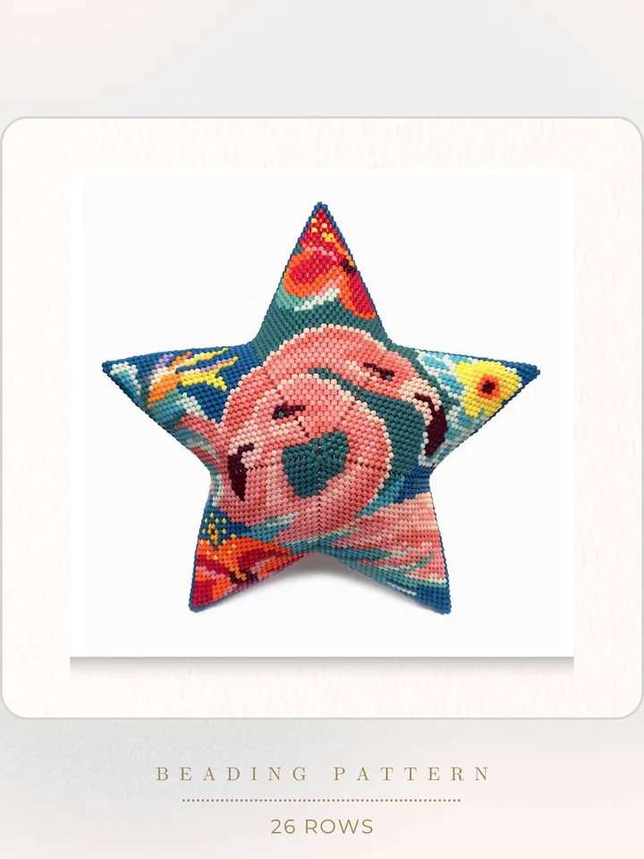Flamingo with Tropical Flowers, 3D Peyote Star Beading Pattern, Seed Bead Floral Ornament, Beaded Star PDF Pattern