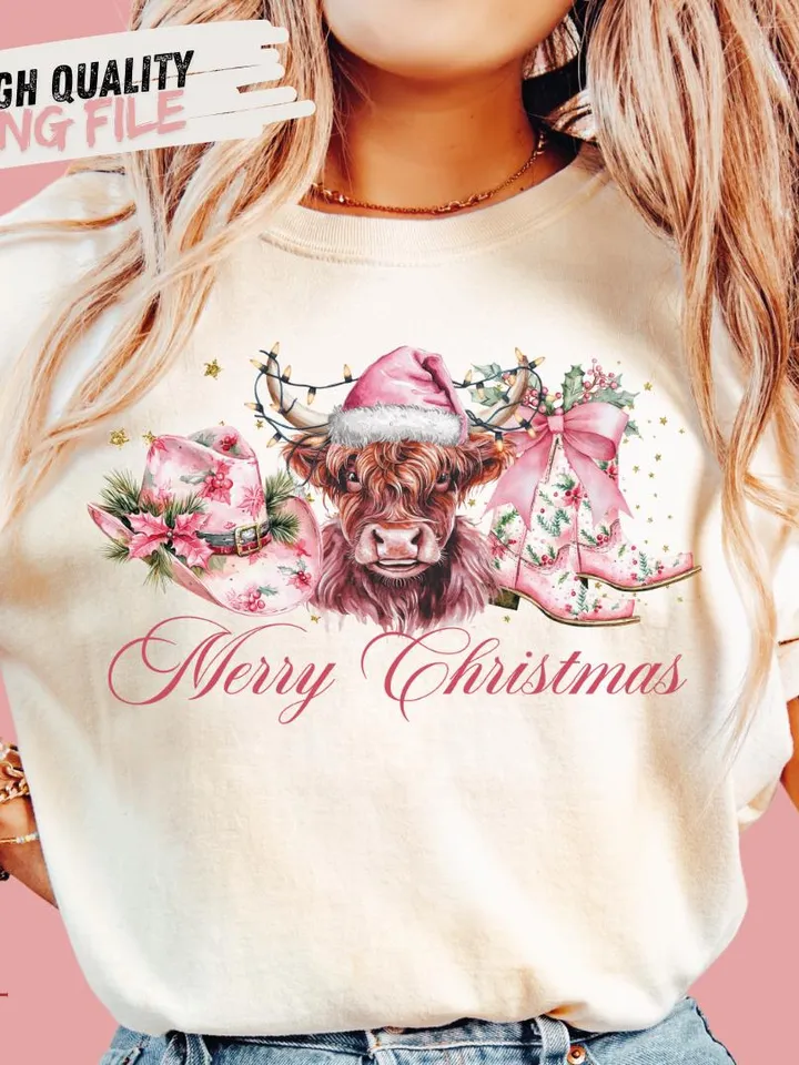 Pink Cowboy Christmas PNG, Merry Christmas, Western Sublimation, Highland cow png, Cowgirl Christmas png, Coquette country Christmas