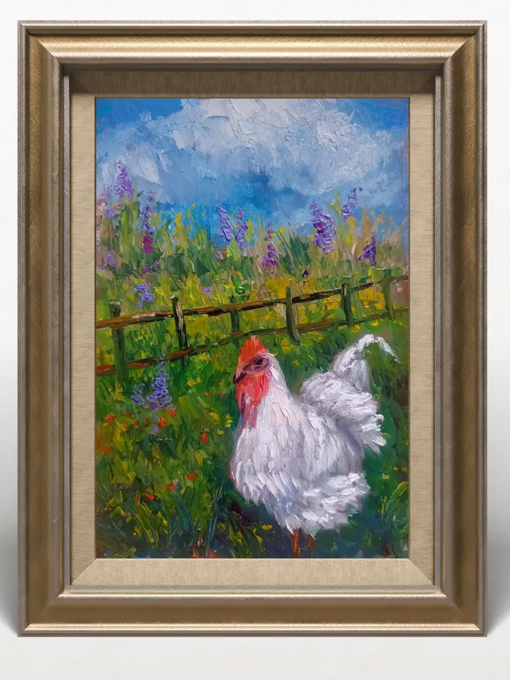Oil painting rustic scene original painting ,Rooster painting,Chicken painting original art,Country animals, country scenery art, wall art