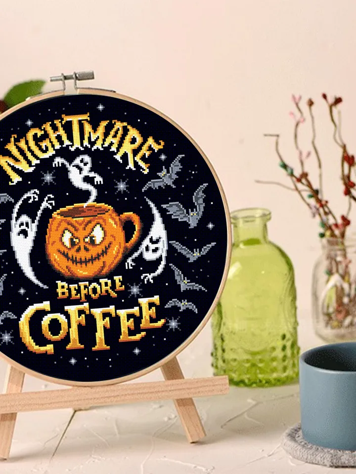 Nightmare before coffee cross stitch pattern download PDF, Halloween coffee mug cross stitch, Scary ghost, Halloween pumpkin embroidery #H42